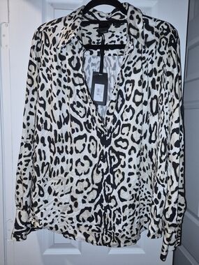 Pinko Black & Cream Leopard Print V-Neck Blouse